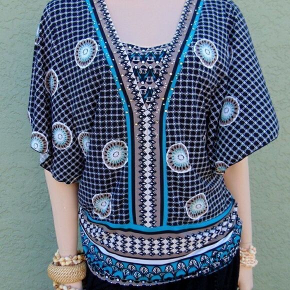 EUC JM COLLECTION Blue, Black & White Abstract Designed Short Sleeve Tunic - Picture 2 of 10